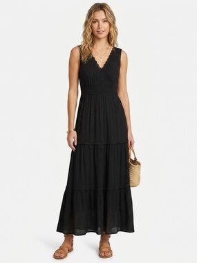 Rebellion | Black Sleeveless V-Neck Maxi Dress With Lace and Zipper Closure